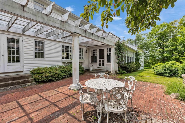 160 Old Stagecoach Rd, Bennington, NH 03442 - view of patio with entry steps, a pergola, and outdoor dining area