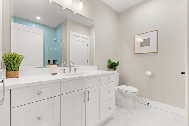 25 Little Bay Dr, Dover, NH 03820 - bathroom featuring vanity, a shower stall, toilet, baseboards, and marble look tiles