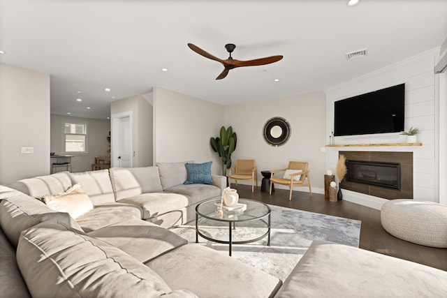 25 Little Bay Dr, Dover, NH 03820 - living area with ceiling fan, wood finished floors, recessed lighting, a large fireplace, and baseboards