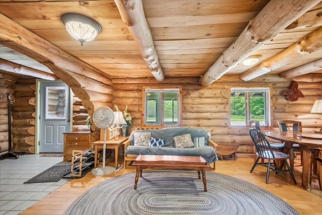 458 Woodcock Rd, Plainfield, VT 05667 - living room with wood ceiling with exposed beams, healthy amount of natural light, wood finished floors, and log walls