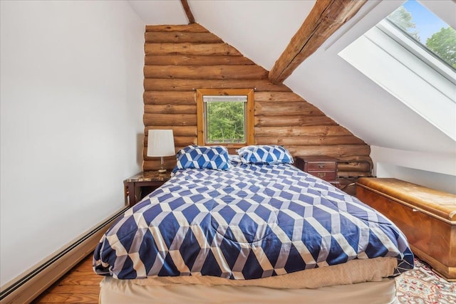 458 Woodcock Rd, Plainfield, VT 05667 - bedroom featuring log walls, vaulted ceiling, and baseboard heating