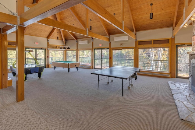 156 Deer Park Dr Unit 127D, Woodstock, NH 03262 - playroom featuring carpet flooring, wood ceiling with exposed beams, healthy amount of natural light, billiards table, and a wall unit AC