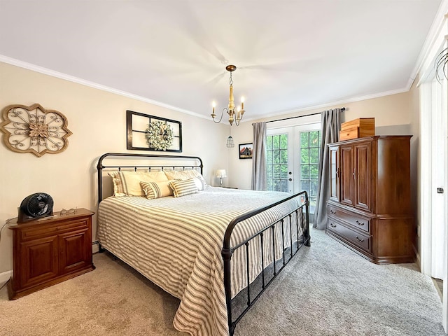 128 Gale St, Canaan, VT 05903 - bedroom with light carpet, crown molding, french doors, a chandelier, and access to outside