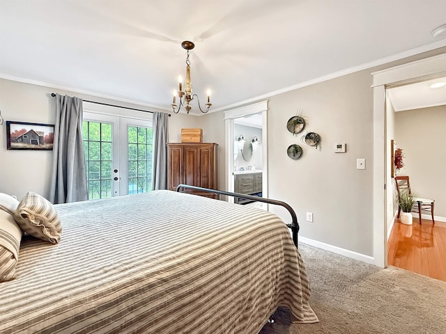 128 Gale St, Canaan, VT 05903 - bedroom with french doors, baseboards, access to outside, a chandelier, and ornamental molding