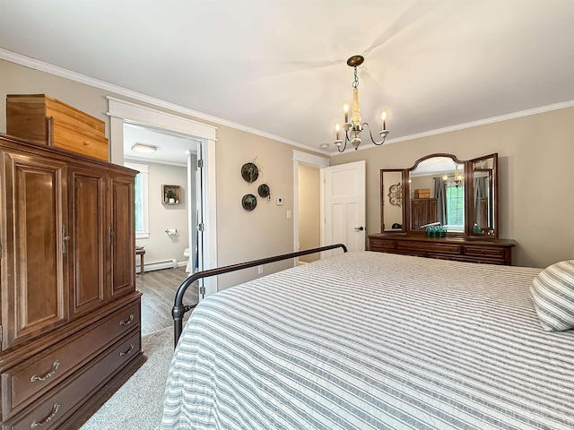 128 Gale St, Canaan, VT 05903 - bedroom featuring a chandelier, baseboard heating, ornamental molding, connected bathroom, and light wood-style floors