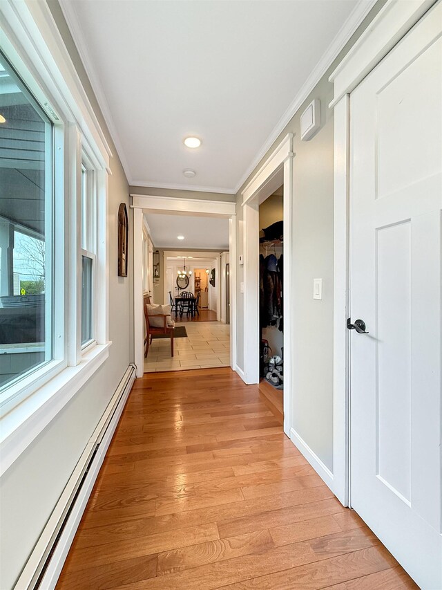 128 Gale St, Canaan, VT 05903 - hall with a baseboard radiator, crown molding, light wood-style flooring, and recessed lighting