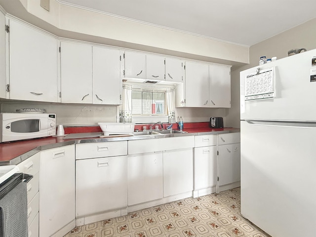 128 Gale St, Canaan, VT 05903 - kitchen with white appliances, a sink, white cabinets, and light flooring