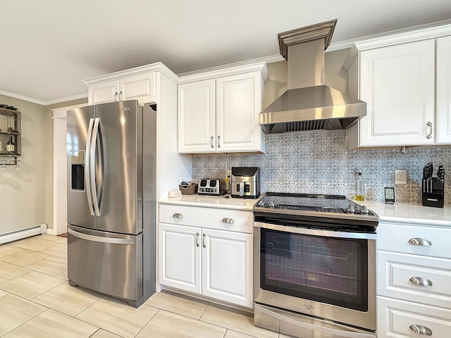 128 Gale St, Canaan, VT 05903 - kitchen with stainless steel appliances, wall chimney range hood, light countertops, white cabinetry, and ornamental molding