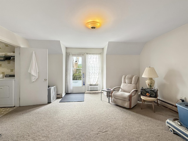 128 Gale St, Canaan, VT 05903 - sitting room featuring washer / clothes dryer, carpet flooring, and baseboard heating