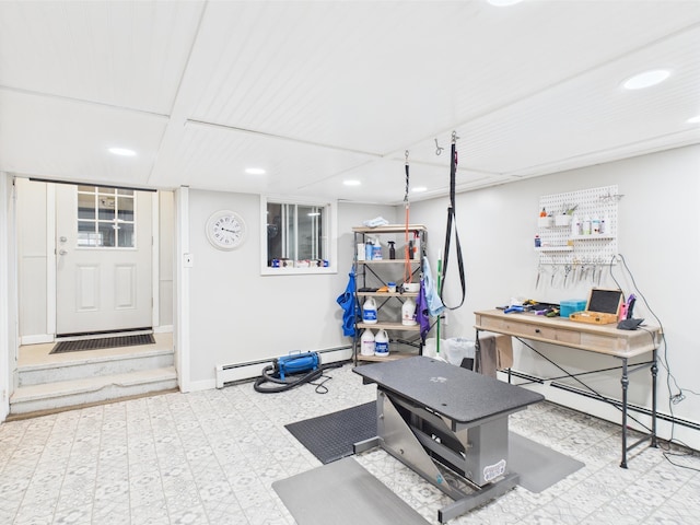 128 Gale St, Canaan, VT 05903 - exercise area with tile patterned floors, recessed lighting, baseboard heating, and baseboards