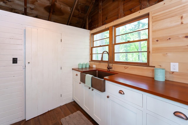 31 Sherene Orchard Rd, Meredith, NH 03253 - kitchen with a sink, wood walls, dark wood finished floors, white cabinets, and dark countertops