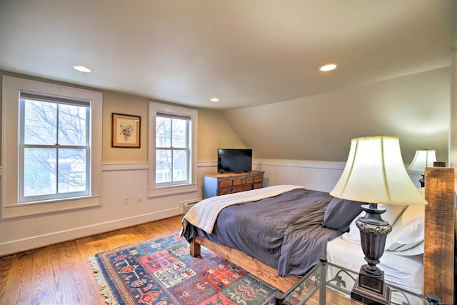 83 Maple St, Morristown, VT 05661 - bedroom with wainscoting, wood finished floors, and recessed lighting