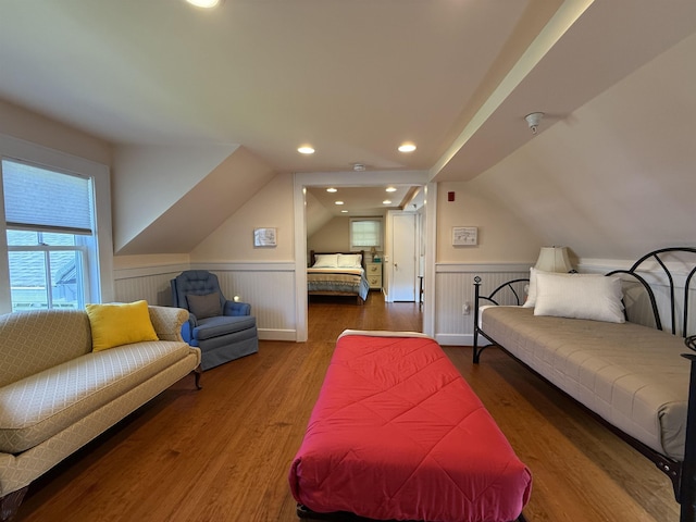 83 Maple St, Morristown, VT 05661 - bedroom with wainscoting, vaulted ceiling, wood finished floors, and recessed lighting