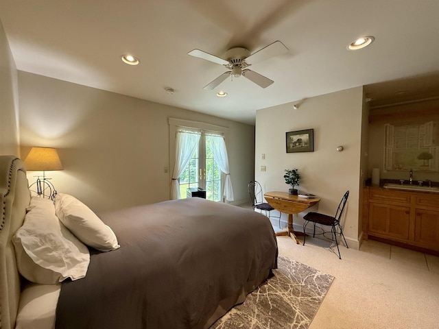 83 Maple St, Morristown, VT 05661 - bedroom with a sink, access to exterior, recessed lighting, light carpet, and ceiling fan