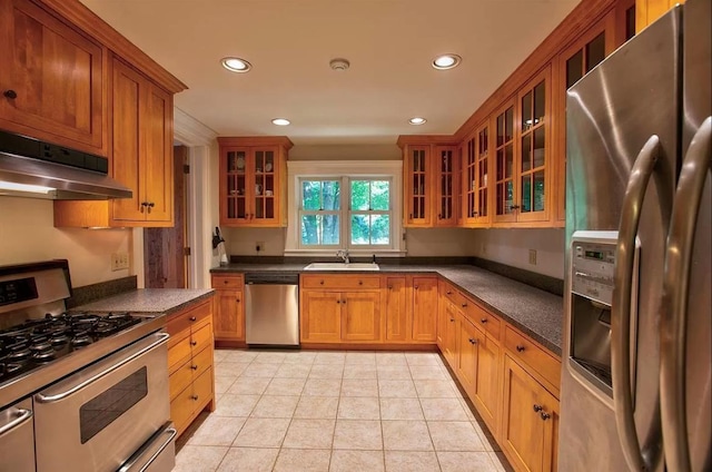 83 Maple St, Morristown, VT 05661 - kitchen with appliances with stainless steel finishes, under cabinet range hood, a sink, dark countertops, and recessed lighting