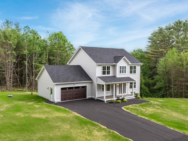 15 Valhalla Farm Rd, Hillsborough, NH 03244 - view of front of home featuring covered porch, a garage, asphalt driveway, and a front lawn