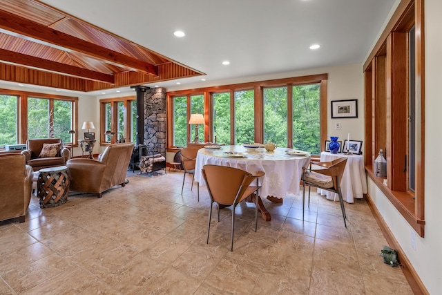 372 Brill Rd, Landaff, NH 03785 - dining area with recessed lighting, baseboards, and wooden ceiling with exposed beams