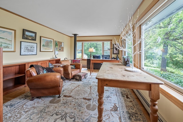 372 Brill Rd, Landaff, NH 03785 - office with wood finished floors, crown molding, and a wood stove