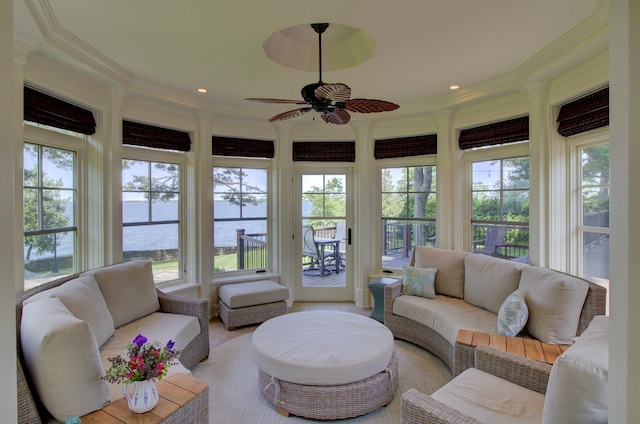 194 Maquam Shore Rd, Swanton, VT 05488 - sunroom / solarium with a water view, ornamental molding, plenty of natural light, and recessed lighting