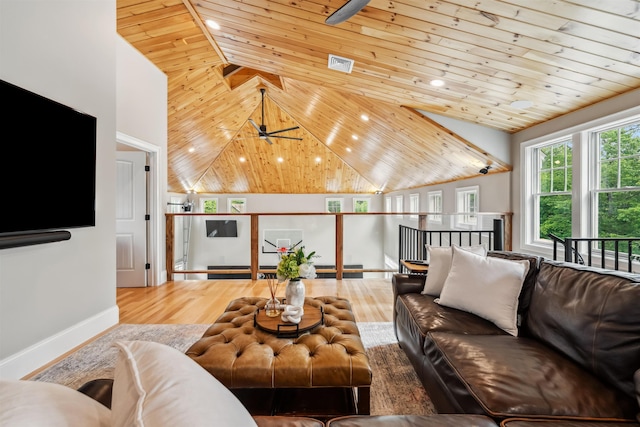32 Burnham Rd, Windham, NH 03087 - living area with wooden ceiling, wood finished floors, recessed lighting, high vaulted ceiling, and ceiling fan