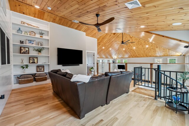 32 Burnham Rd, Windham, NH 03087 - living area with wood ceiling, a ceiling fan, wood finished floors, built in shelves, and lofted ceiling