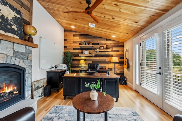 32 Burnham Rd, Windham, NH 03087 - office space featuring lofted ceiling, wooden ceiling, wood walls, light wood-type flooring, and ceiling fan