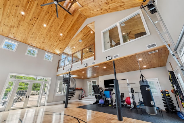 32 Burnham Rd, Windham, NH 03087 - workout area featuring wood ceiling, high vaulted ceiling, recessed lighting, and french doors