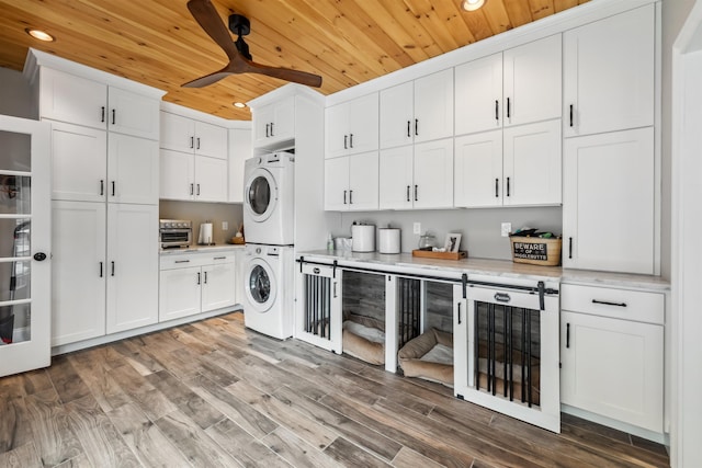32 Burnham Rd, Windham, NH 03087 - laundry area featuring wooden ceiling, stacked washer and clothes dryer, recessed lighting, wine cooler, and ceiling fan