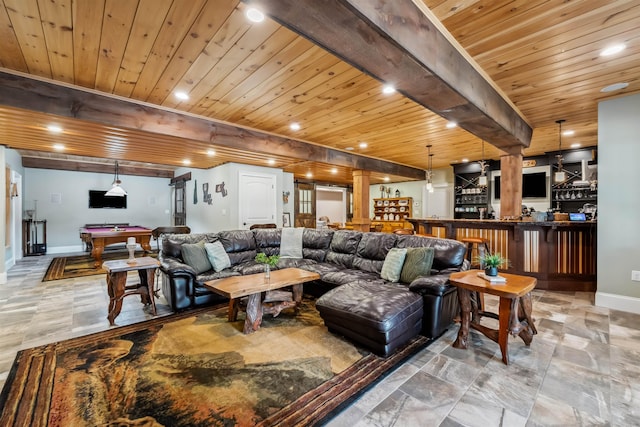 32 Burnham Rd, Windham, NH 03087 - living room featuring wood ceiling, billiards, bar area, and recessed lighting