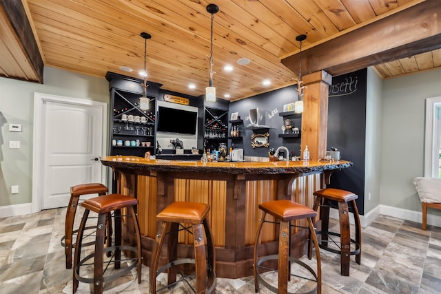 32 Burnham Rd, Windham, NH 03087 - indoor wet bar with wooden ceiling, stone tile flooring, recessed lighting, and hanging light fixtures