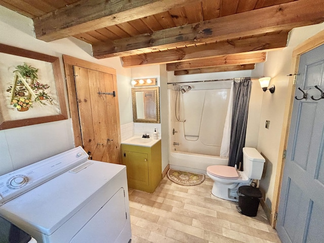 6 Alfano Dr, Enfield, NH 03748 - full bath with washer / clothes dryer, a wooden ceiling with exposed beams, shower / bath combo with shower curtain, and vanity