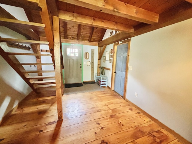 6 Alfano Dr, Enfield, NH 03748 - foyer featuring wood-type flooring, wood ceiling, and stairs