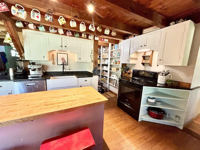 6 Alfano Dr, Enfield, NH 03748 - kitchen with electric range, stainless steel dishwasher, open shelves, a wood ceiling with exposed beams, and light wood finished floors