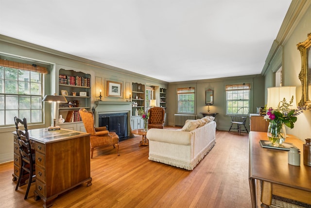 84 S Main St, Hanover, NH 03755 - living room featuring radiator, ornamental molding, a fireplace, light wood-style floors, and built in features