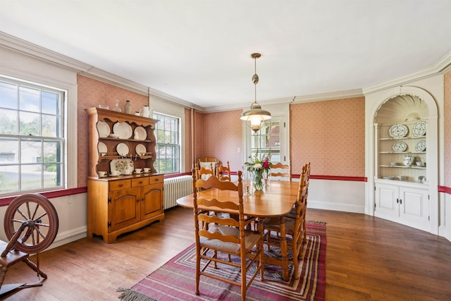84 S Main St, Hanover, NH 03755 - dining room with radiator, ornamental molding, light wood-style flooring, and wallpapered walls