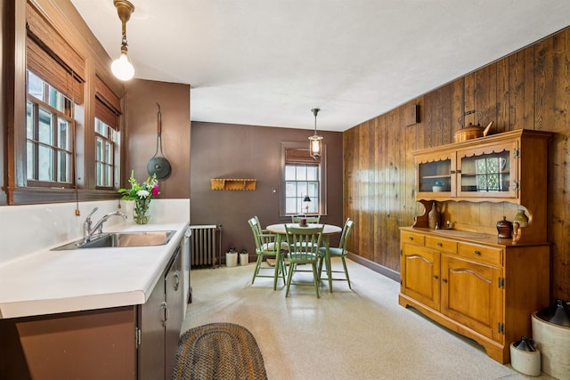 84 S Main St, Hanover, NH 03755 - kitchen featuring radiator heating unit, wood walls, light countertops, glass insert cabinets, and pendant lighting