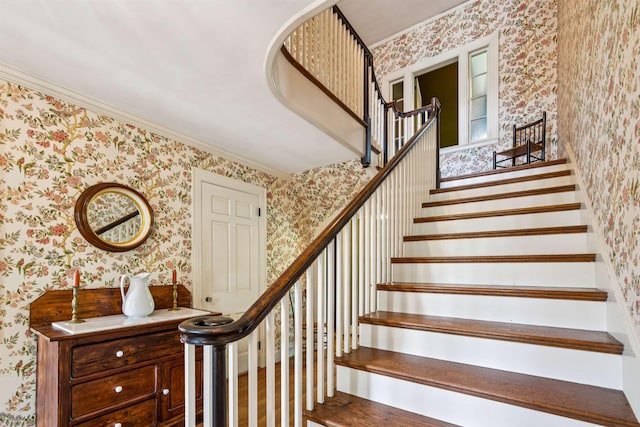 84 S Main St, Hanover, NH 03755 - staircase with wallpapered walls, wood finished floors, and crown molding