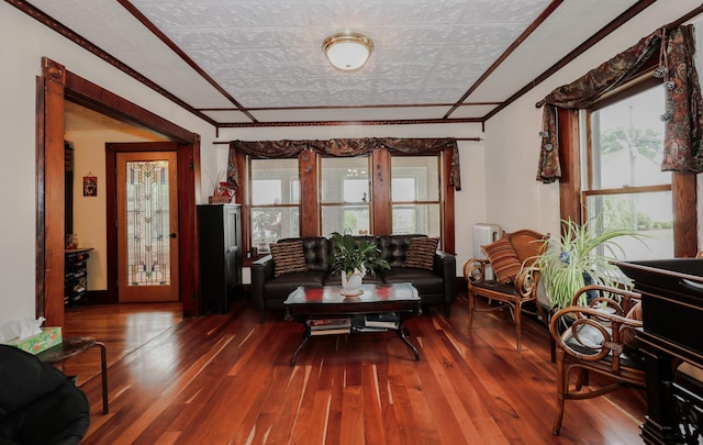 26 Verona St, Nashua, NH 03060 - living area featuring an ornate ceiling, ornamental molding, wood-type flooring, and radiator