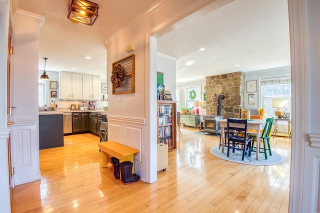 290 Elm St, Littleton, NH 03561 - corridor with ornamental molding, light wood-style flooring, and recessed lighting