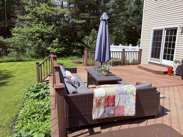290 Elm St, Littleton, NH 03561 - wooden terrace featuring a yard, an outdoor hangout area, and view of scattered trees