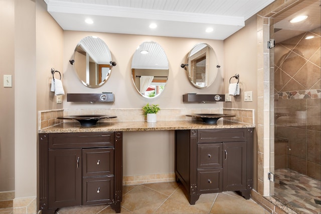 20 Bennett Cir, Antrim, NH 03440 - bathroom with double vanity, a shower stall, recessed lighting, and tile patterned floors