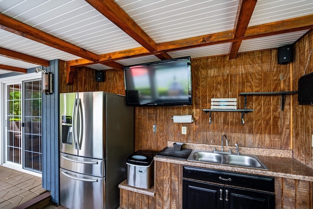 20 Bennett Cir, Antrim, NH 03440 - kitchen featuring stainless steel fridge, open shelves, wooden walls, and beam ceiling