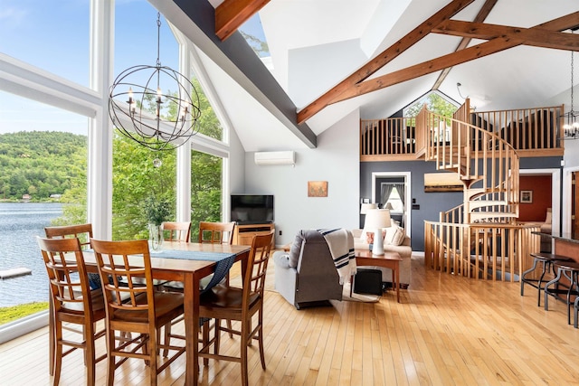 20 Bennett Cir, Antrim, NH 03440 - dining space with a chandelier, high vaulted ceiling, hardwood / wood-style flooring, a water view, and beamed ceiling