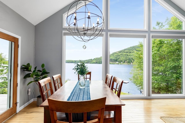 20 Bennett Cir, Antrim, NH 03440 - dining area featuring a water view, a chandelier, light wood-style floors, plenty of natural light, and lofted ceiling