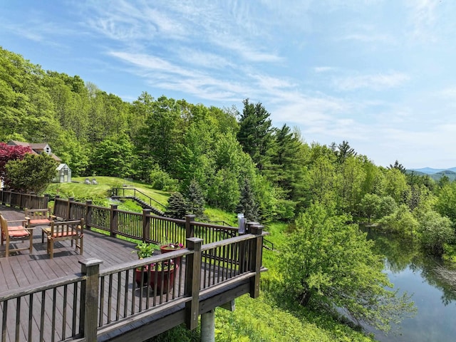 1074 N Hollow Rd, Rochester, VT 05767 - wooden terrace with a water view and a forest view