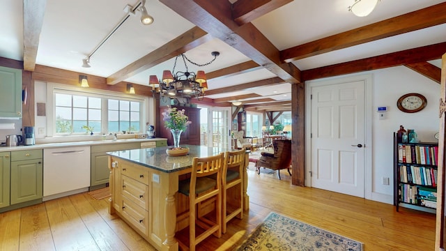 1074 N Hollow Rd, Rochester, VT 05767 - kitchen with dishwasher, light wood-style floors, beamed ceiling, a chandelier, and a kitchen island