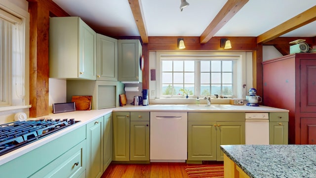 1074 N Hollow Rd, Rochester, VT 05767 - kitchen featuring dishwasher, beamed ceiling, black gas cooktop, and light wood-type flooring