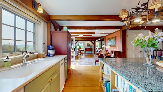 1074 N Hollow Rd, Rochester, VT 05767 - kitchen with light wood-type flooring, dishwasher, a chandelier, and beamed ceiling