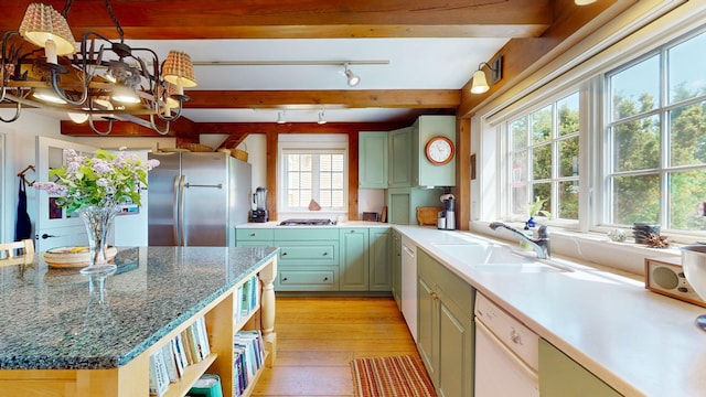 1074 N Hollow Rd, Rochester, VT 05767 - kitchen with stainless steel appliances, light wood-style floors, beam ceiling, a chandelier, and open shelves