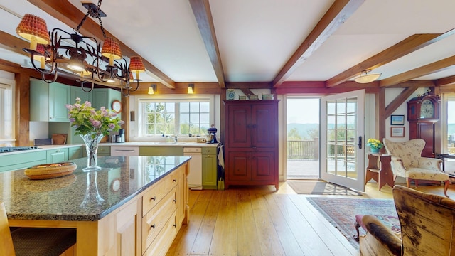 1074 N Hollow Rd, Rochester, VT 05767 - kitchen with a chandelier, beamed ceiling, light wood-type flooring, a kitchen island, and dark stone counters